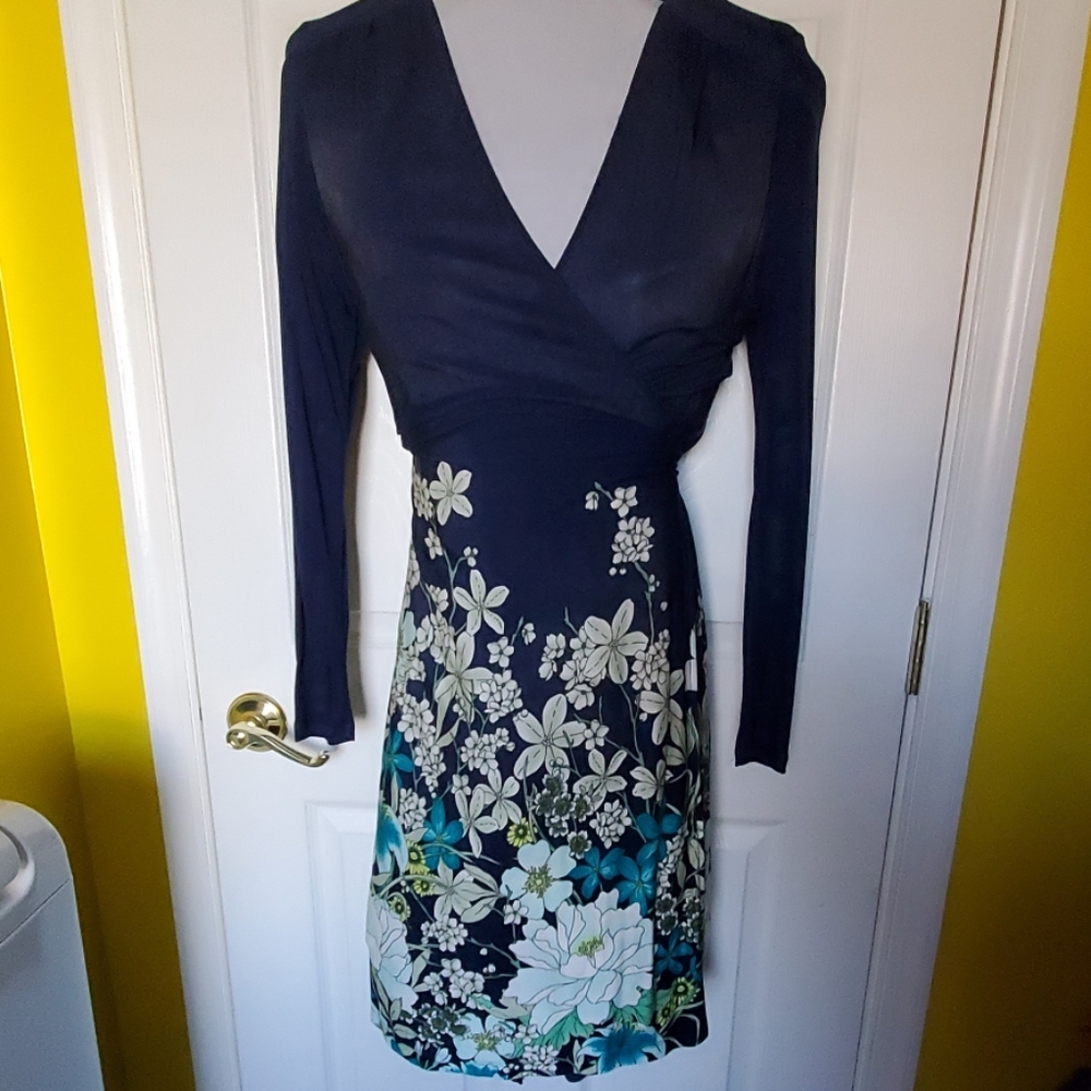 Navy Blue Floral Wrap Dress